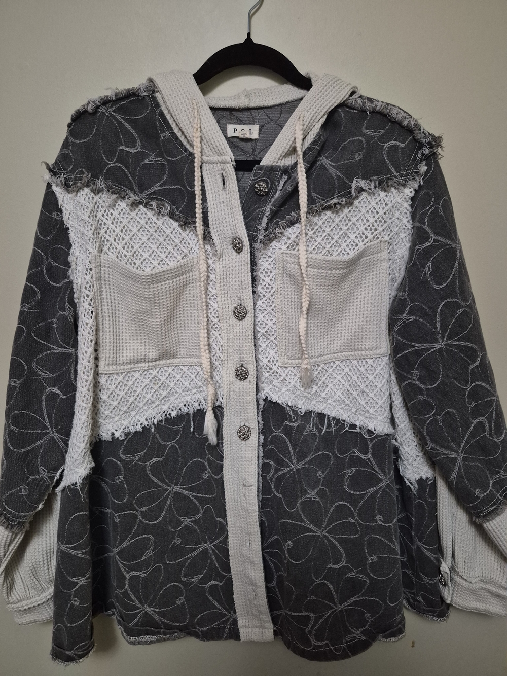 POL Gray and Cream Mixed-Media Hooded Jacket
